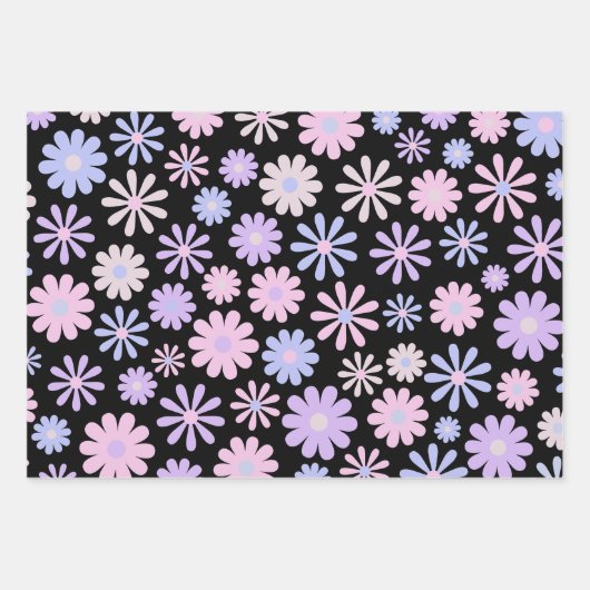 Retro Groovy Daisies Zacht Roze Blauw Paarse Inpakpapier Vel (Voorkant)