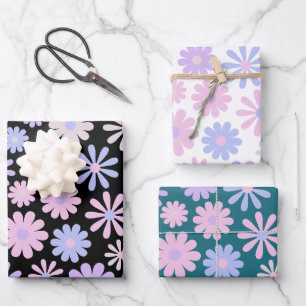 Retro Groovy Daisies Zacht Roze Blauw Paarse Inpakpapier Vel