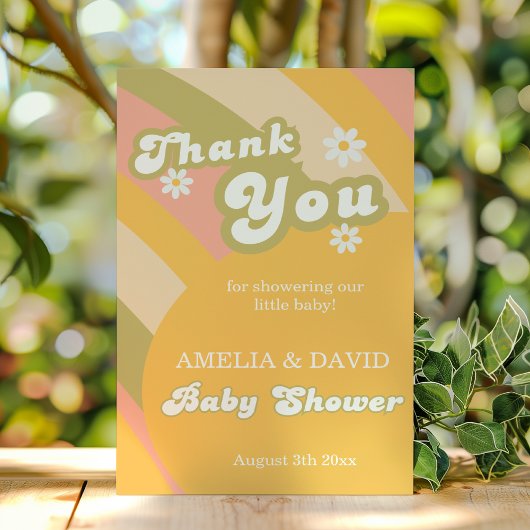 Retro Groovy Daisy Baby Boy Shower Bedankkaart