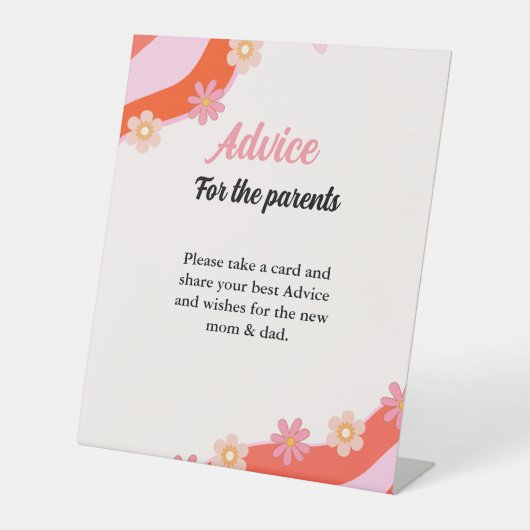 Retro Groovy Daisy baby shower ADVICE Ouders Sign Reclamebord Met Voetstuk (Voorkant)