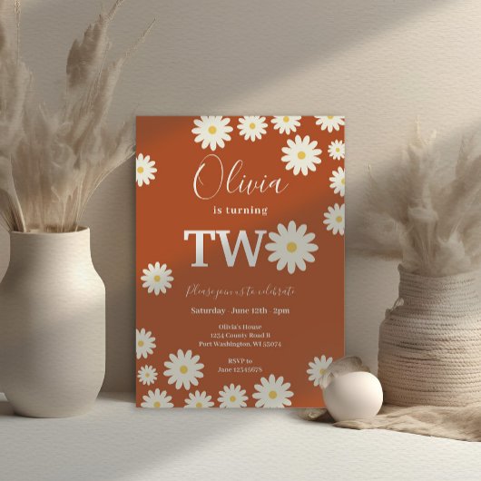 Retro Groovy Daisy Bloemen 2e Verjaardagsfeest Kaart