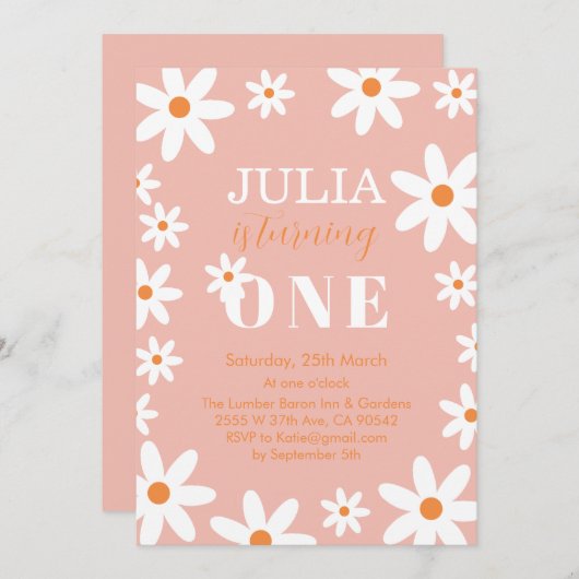 Retro Groovy Daisy Boho Meisje 1e Verjaardagsfeest Kaart (Voorkant / Achterkant)