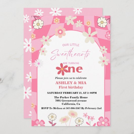 Retro Groovy Daisy Boho Twin 1e verjaardag Kaart (Voorkant / Achterkant)