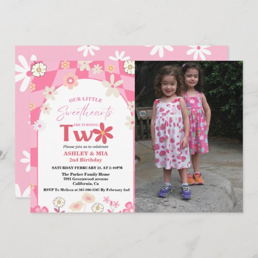 Retro Groovy Daisy Boho Twin 2e verjaardag Kaart (Voorkant / Achterkant)