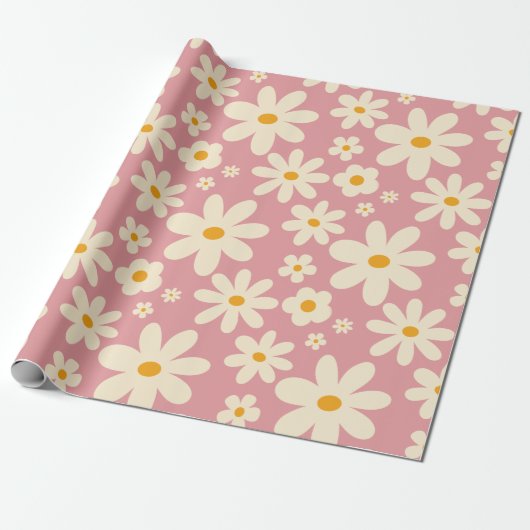 Retro groovy daisy boho woestijn roze cadeaupapier (Uitgerold)