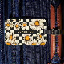 Retro Groovy Daisy Checkerboard gepersonaliseerde  Bagagelabel