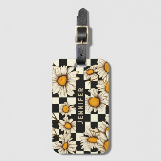 Retro Groovy Daisy Checkerboard gepersonaliseerde Bagagelabel (Voorkant (verticaal))