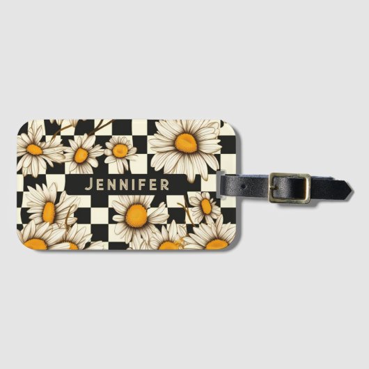 Retro Groovy Daisy Checkerboard gepersonaliseerde Bagagelabel (Voorkant (horizontaal))