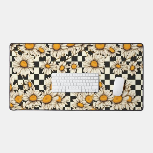 Retro Groovy Daisy Checkerboard gepersonaliseerde  Bureaumat (Keyboard & Muis)