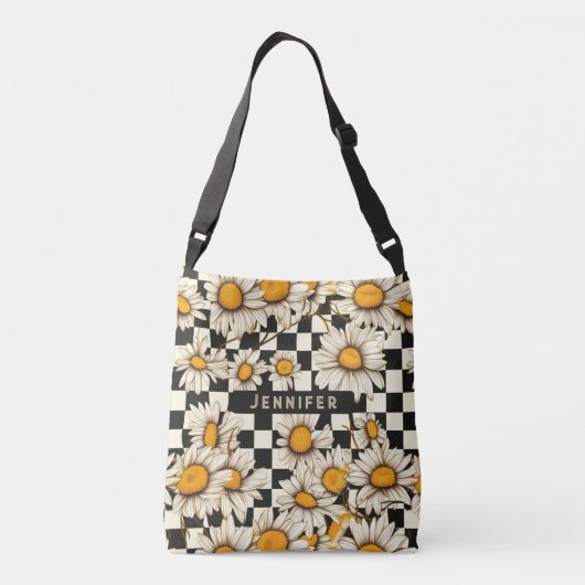 Retro Groovy Daisy Checkerboard gepersonaliseerde  Crossbody Tas (Achterkant)