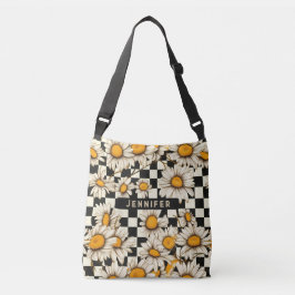 Retro Groovy Daisy Checkerboard gepersonaliseerde  Crossbody Tas