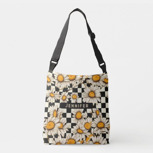 Retro Groovy Daisy Checkerboard gepersonaliseerde  Crossbody Tas (Voorkant)