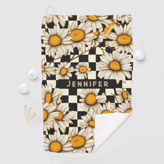 Retro Groovy Daisy Checkerboard gepersonaliseerde  Golfhanddoek (Insitu)