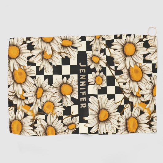 Retro Groovy Daisy Checkerboard gepersonaliseerde Golfhanddoek (Horizontaal)
