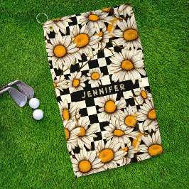 Retro Groovy Daisy Checkerboard gepersonaliseerde  Golfhanddoek