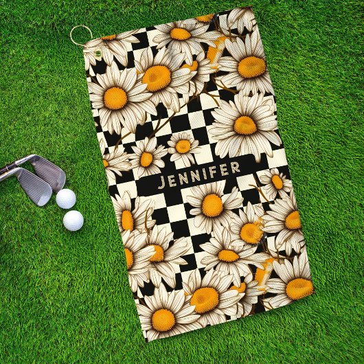 Retro Groovy Daisy Checkerboard gepersonaliseerde  Golfhanddoek