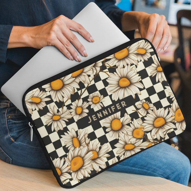 Retro Groovy Daisy Checkerboard gepersonaliseerde  Laptop Sleeve (Creator heeft geüpload)