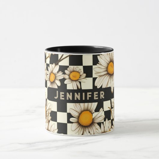 Retro Groovy Daisy Checkerboard gepersonaliseerde  Mok (Midden)