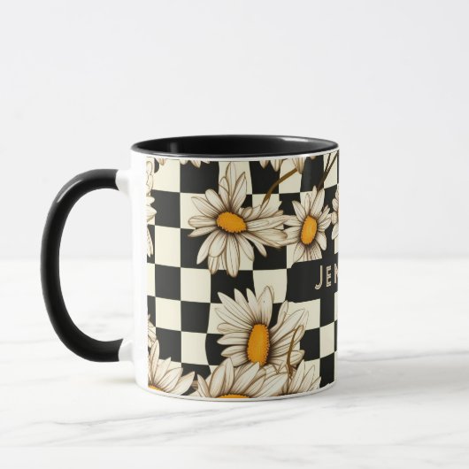 Retro Groovy Daisy Checkerboard gepersonaliseerde  Mok (Links)
