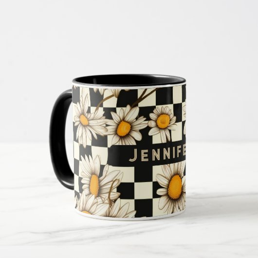 Retro Groovy Daisy Checkerboard gepersonaliseerde  Mok (Voorkant links)