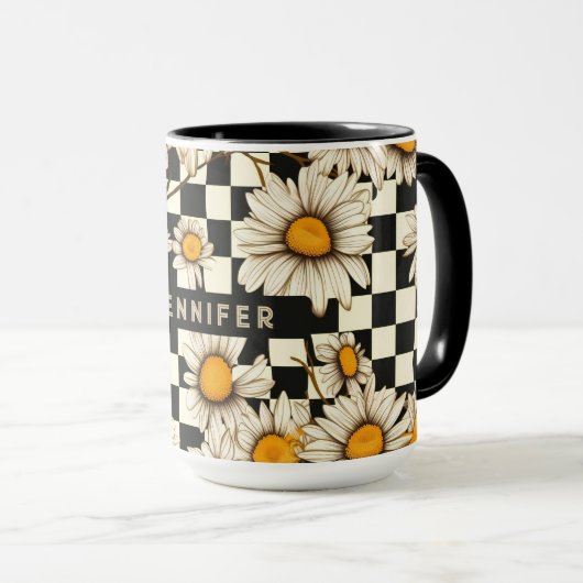 Retro Groovy Daisy Checkerboard gepersonaliseerde Mok (Voorkant rechts)