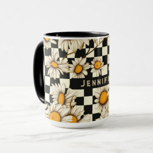 Retro Groovy Daisy Checkerboard gepersonaliseerde  Mok