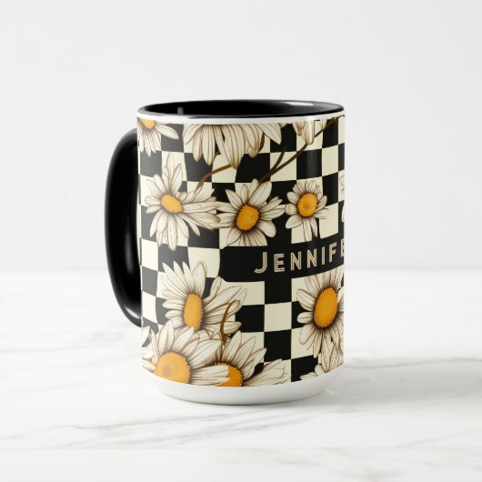 Retro Groovy Daisy Checkerboard gepersonaliseerde Mok (Voorkant links)