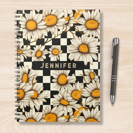 Retro Groovy Daisy Checkerboard gepersonaliseerde Notitieboek