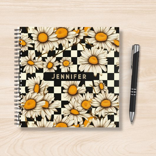Retro Groovy Daisy Checkerboard gepersonaliseerde  Notitieboek