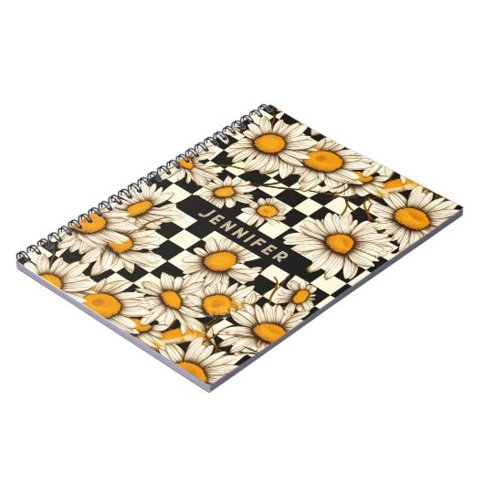 Retro Groovy Daisy Checkerboard gepersonaliseerde Notitieboek (Linkerzijde)