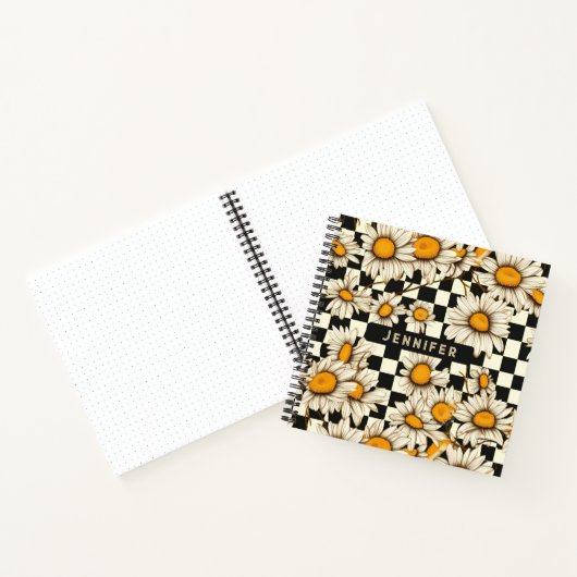 Retro Groovy Daisy Checkerboard gepersonaliseerde  Notitieboek (Binnen)