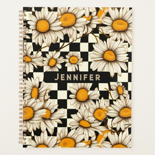 Retro Groovy Daisy Checkerboard gepersonaliseerde Planner (Voorkant)