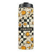Retro Groovy Daisy Checkerboard gepersonaliseerde Thermosbeker (Voorkant)