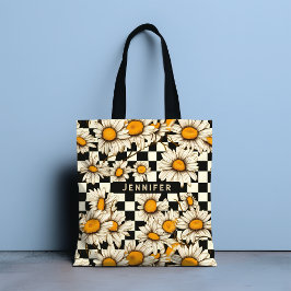 Retro Groovy Daisy Checkerboard gepersonaliseerde  Tote Bag