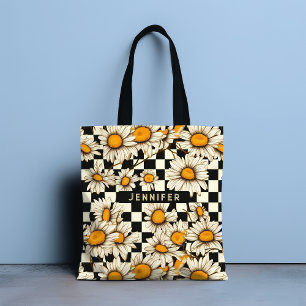 Retro Groovy Daisy Checkerboard gepersonaliseerde Tote Bag