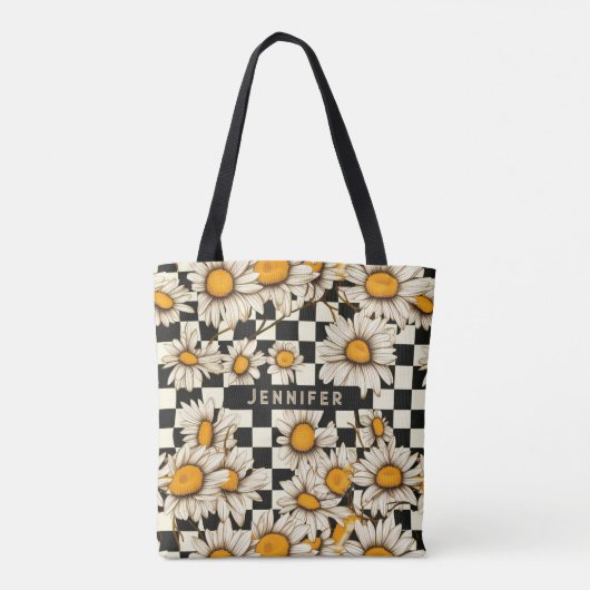 Retro Groovy Daisy Checkerboard gepersonaliseerde  Tote Bag (Achterkant)