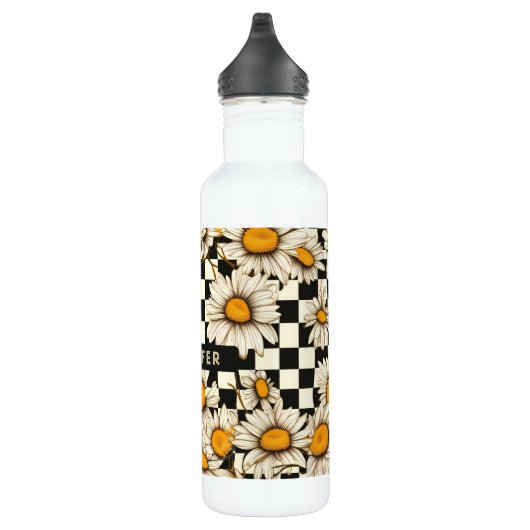 Retro Groovy Daisy Checkerboard gepersonaliseerde Waterfles (Rechts)