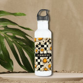 Retro Groovy Daisy Checkerboard gepersonaliseerde  Waterfles