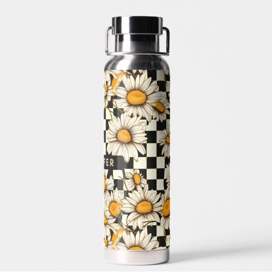 Retro Groovy Daisy Checkerboard gepersonaliseerde  Waterfles (Achterkant)