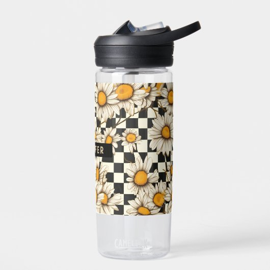 Retro Groovy Daisy Checkerboard gepersonaliseerde  Waterfles (Links)