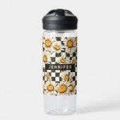 Retro Groovy Daisy Checkerboard gepersonaliseerde  Waterfles (Voorkant)
