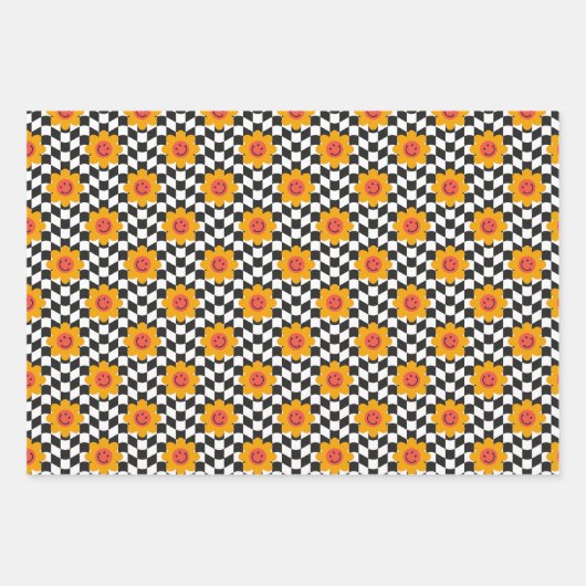 Retro Groovy Daisy Flower Aesthetic Checkered Inpakpapier Vel (Voorkant 3)