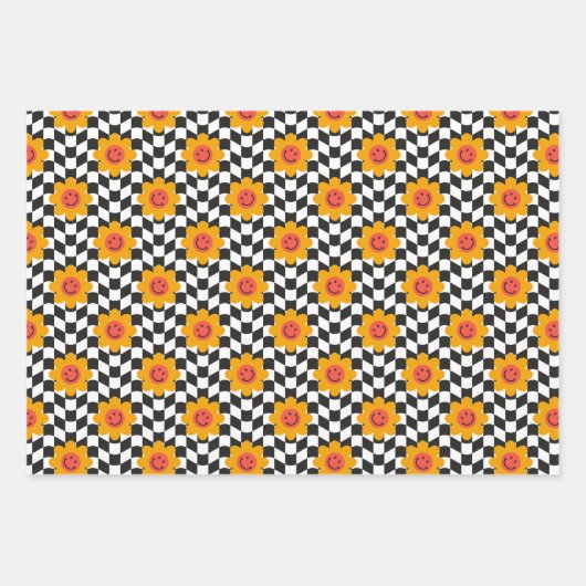 Retro Groovy Daisy Flower Aesthetic Checkered Inpakpapier Vel (Voorkant 2)