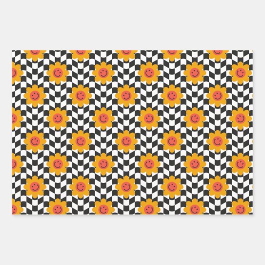 Retro Groovy Daisy Flower Aesthetic Checkered Inpakpapier Vel (Voorkant)
