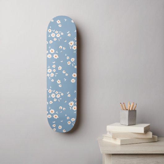 Retro Groovy Daisy Pattern Dusty Blue Floral 70's Persoonlijk Skateboard (Muurkunst)