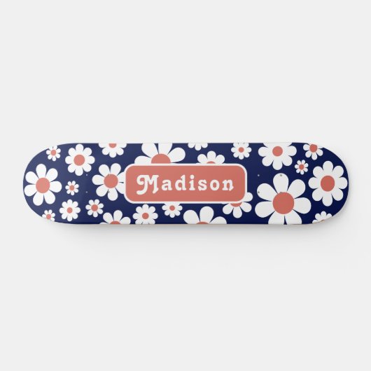 Retro Groovy Daisy Pattern Name Blue Persoonlijk Skateboard (Horizontaal)