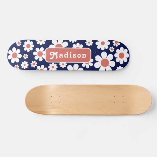 Retro Groovy Daisy Pattern Name Blue Persoonlijk Skateboard (Horizontaal)