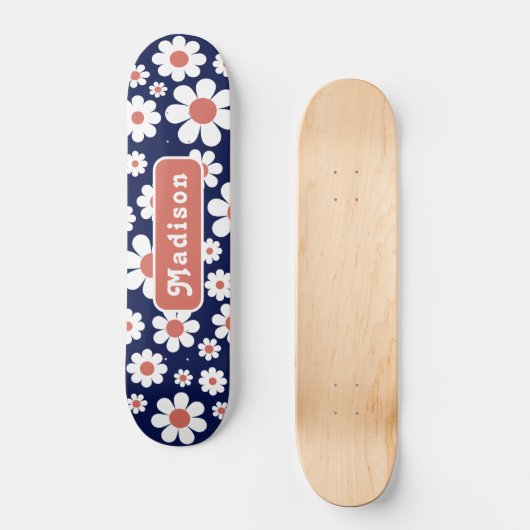 Retro Groovy Daisy Pattern Name Blue Persoonlijk Skateboard (Voorkant)