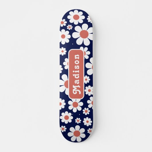 Retro Groovy Daisy Pattern Name Blue Persoonlijk Skateboard (Voorkant)