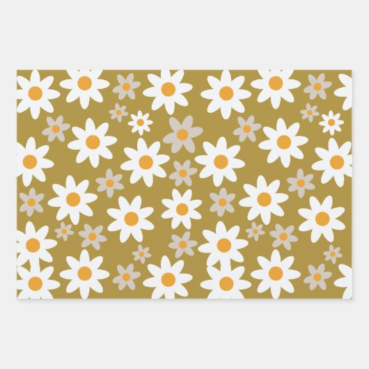 Retro Groovy Daisy Pattern Sinaasappel Roze Groen Inpakpapier Vel (Voorkant 2)